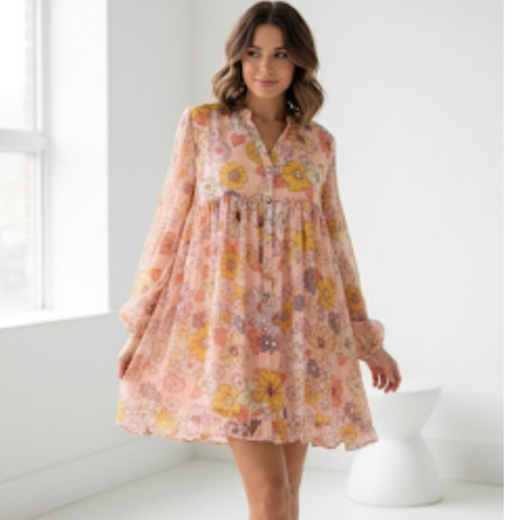 Coral light peach long sleeve boho floral dress Size Medium - Picture 1 of 6